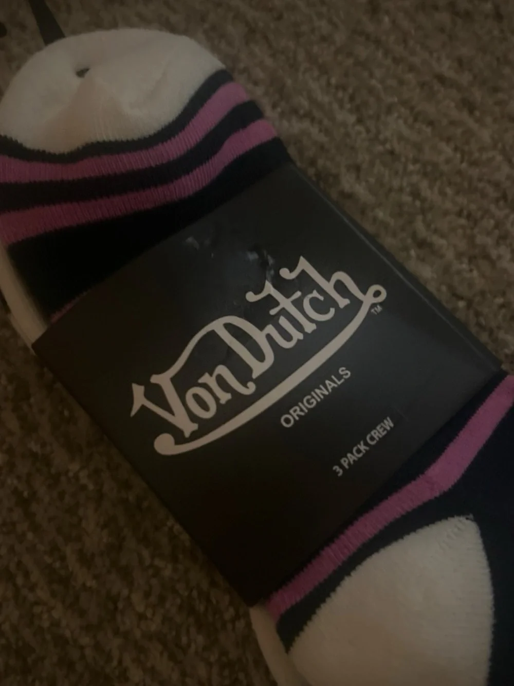 Von Dutch Crew Socks in Pink, Black & White Stripe 3 pairs
